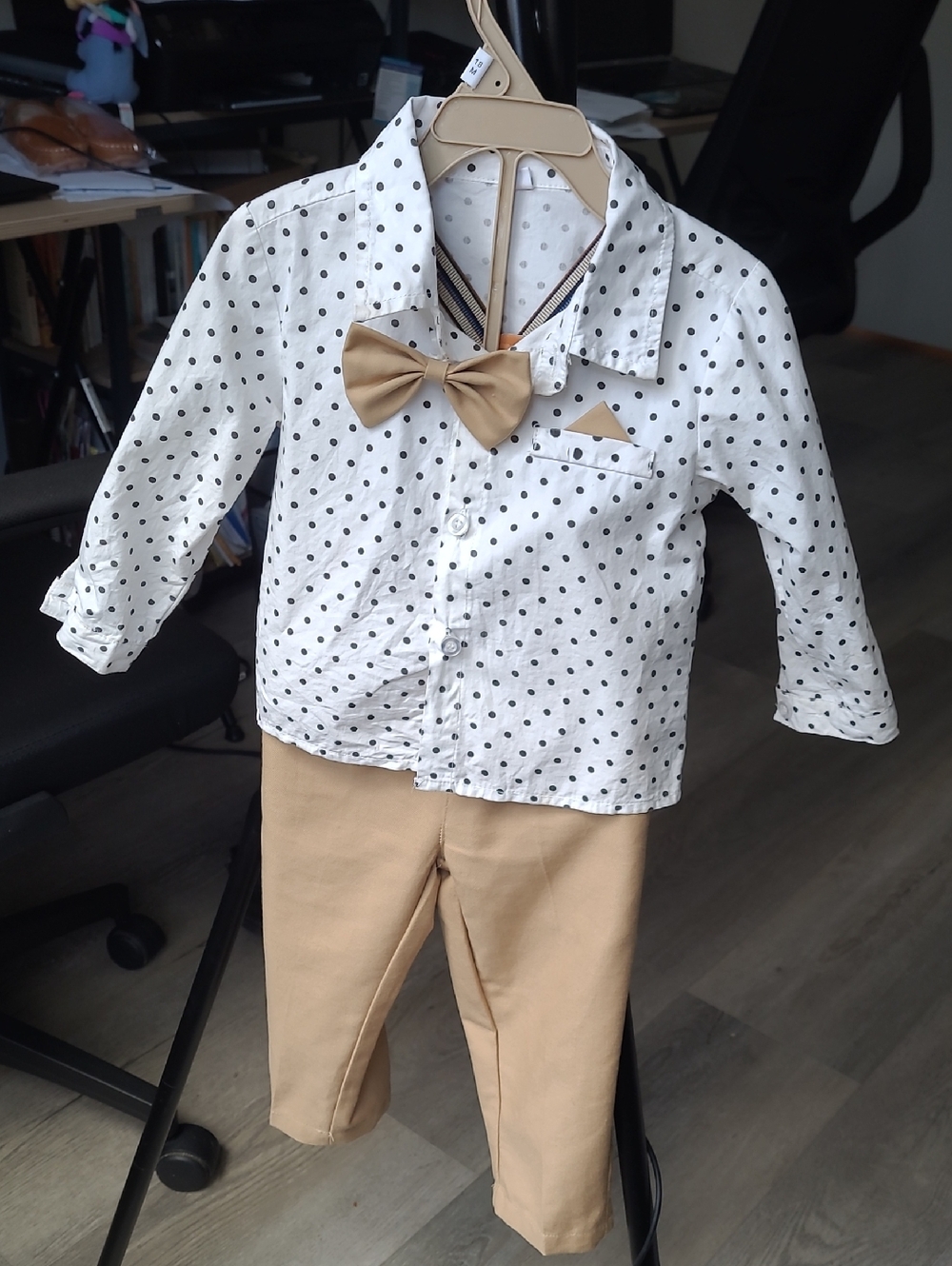 Baby Boy Dress Suit Pants Shirt Suspender Bowtie Brown Tan 12-18 Months Toddler